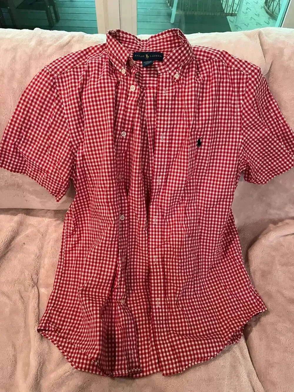 Ralph Lauren Boys Red White Gingham Check Short Sleeve Button Down Shirt XL 18-2
